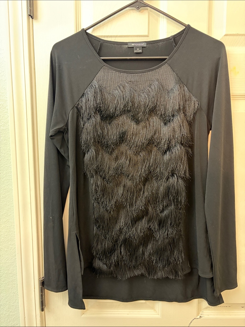 I Heart Ronson Black Long-Sleeve Fringe Front Top
